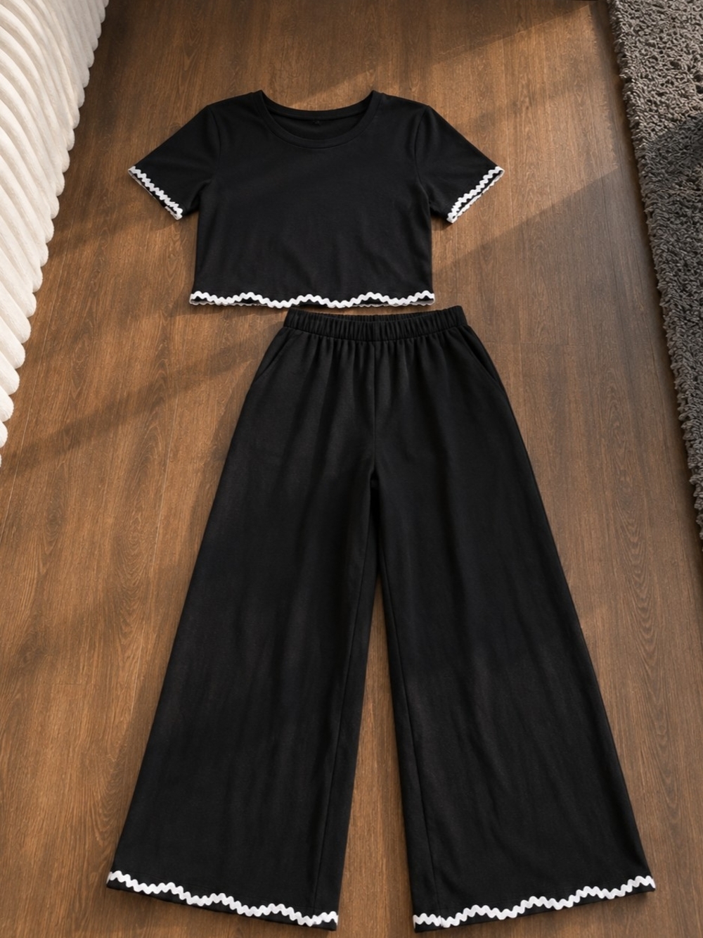 Black Wide-Leg Pants Set with White Trim